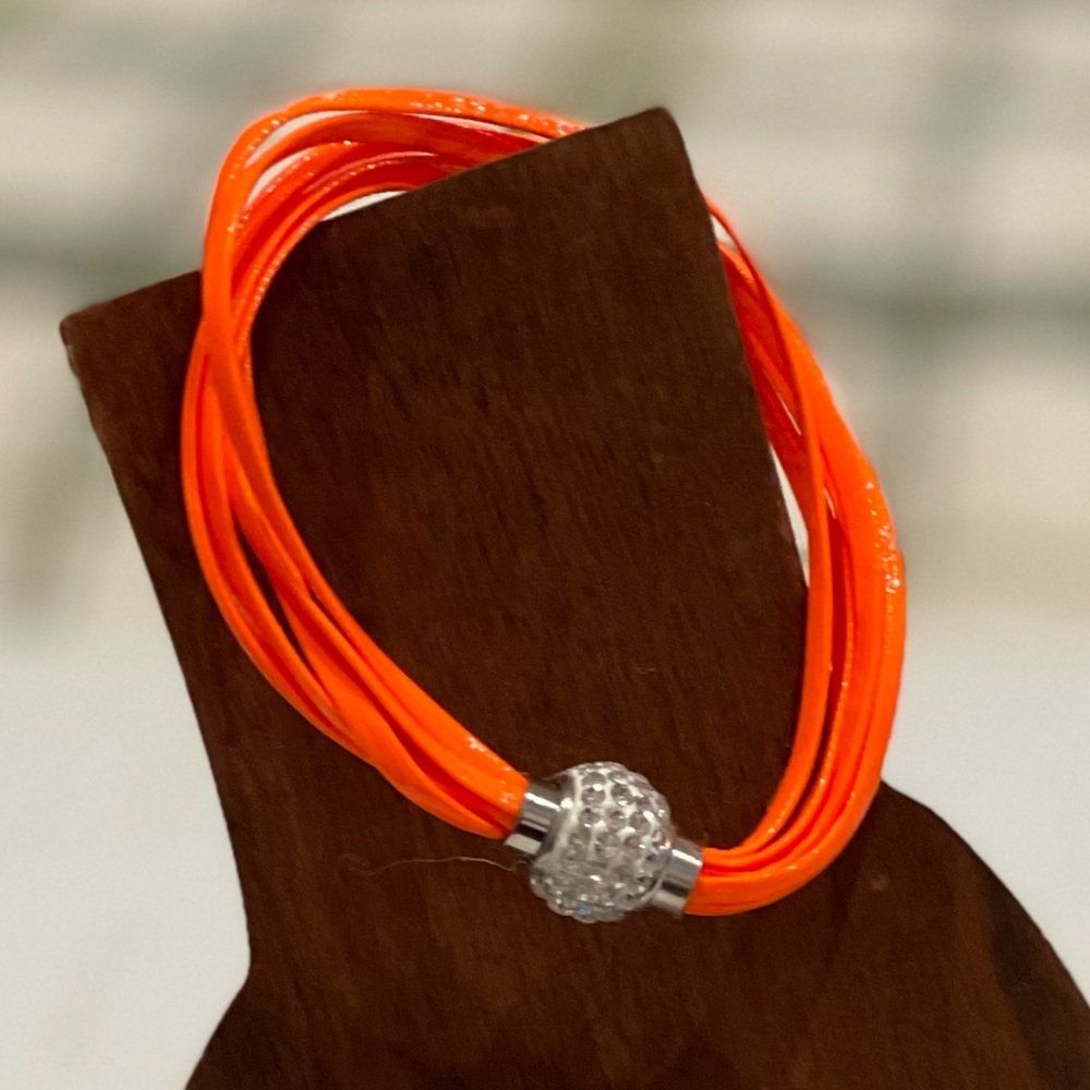 Orange leather multi strand bracelet clear rhinestone steel magnetic closure